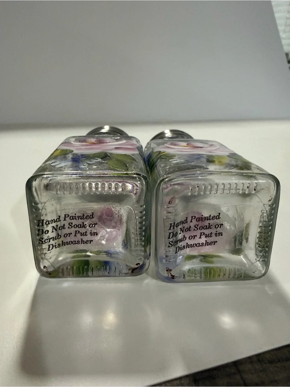 Decorative Pink Floral Glass Salt and Pepper Shakers with Silver Tops